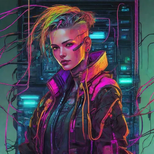 Prompt: Neuromancer character HD Case cyberpunk plugged in to cyberdeck vibrant neon colors androgynous wires dark future unhinged