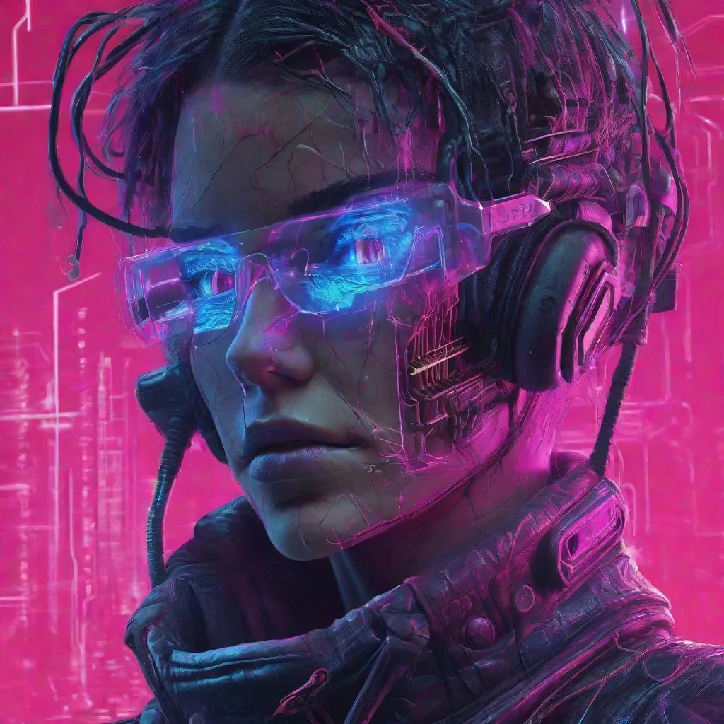 Prompt: neuromancer character "HD Case" realistic cyberware cyberdeck cyberpunk laptop handheld wires gritting teeth explosions wearable neon