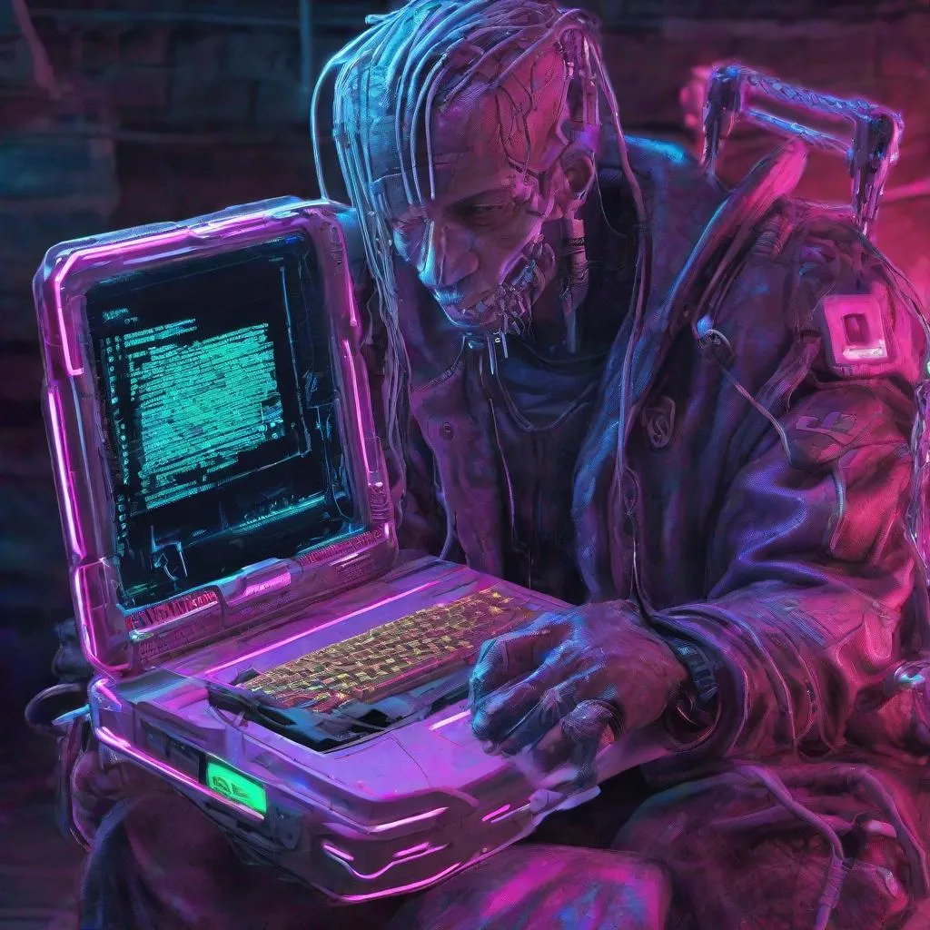 Prompt: neuromancer character "HD Case" realistic cyberware cyberdeck cyberpunk laptop handheld wires gritting teeth grimacing typing wearable neon