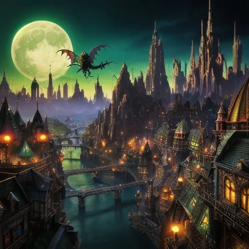 Prompt: fantasy, wonder, magic, goblin city style, cityscape, vibrant, skyline, photorealistic