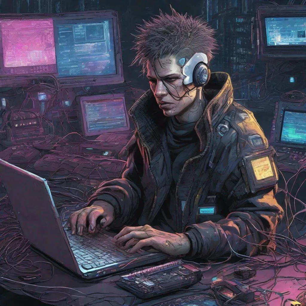 Prompt: neuromancer character hd case realistic cyberware cyberdeck cyberpunk laptop handheld wires gritting teeth explosions wearable