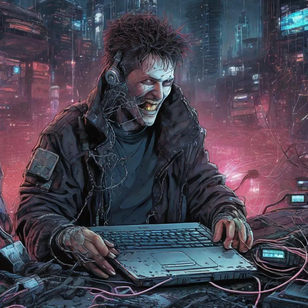 Prompt: neuromancer hd case realistic cyberware cyberdeck cyberpunk laptop handheld wires gritting teeth explosions