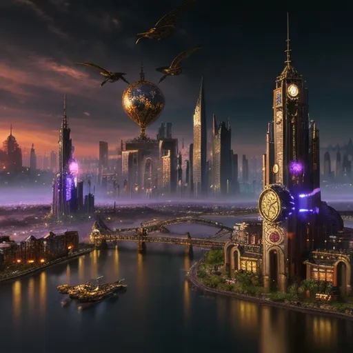 Prompt: fantasy, wonder, magic, steampunk style, cityscape, vibrant, skyline, photorealistic