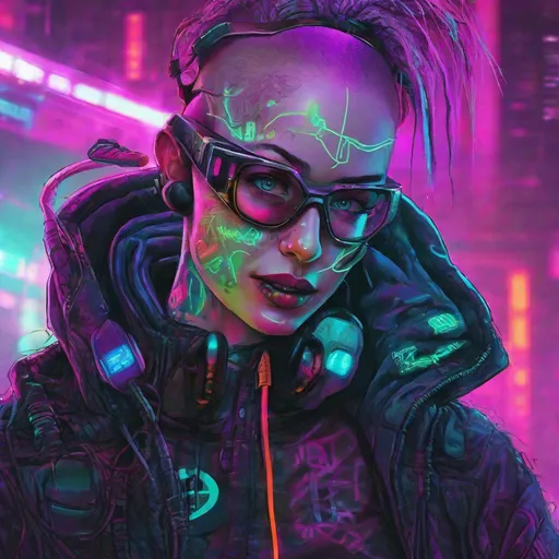 Prompt: Neuromancer character HD Case cyberpunk plugged in to cyberdeck vibrant neon colors androgynous hacker creepy bald wires dark future insane grin tattoos techgoggles