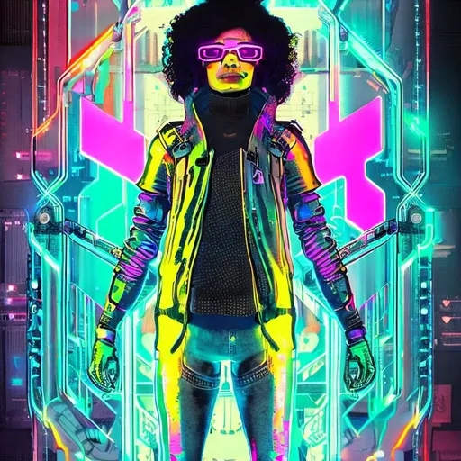 Prompt: Neuromancer character HD Case cyberpunk plugged in to cyberdeck vibrant neon colors nonbinary