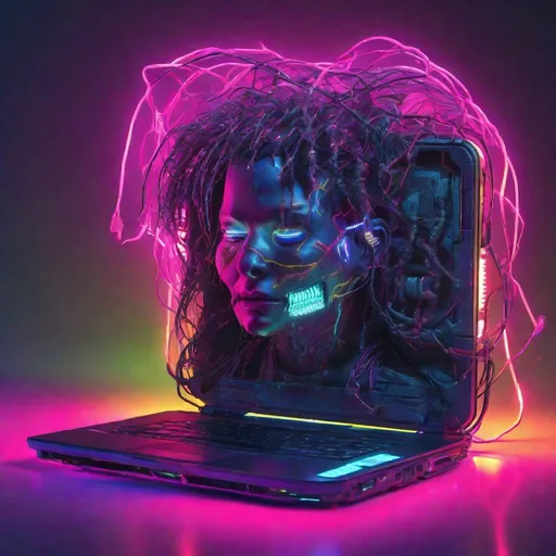 Prompt: neuromancer character "HD Case" realistic cyberware cyberdeck cyberpunk laptop handheld wires gritting teeth explosions wearable neon