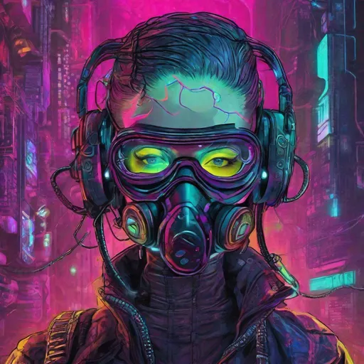 Prompt: Neuromancer character HD Case cyberpunk plugged in to cyberdeck vibrant neon colors androgynous hacker creepy bald wires dark future insane grin tattoos techgoggles respirator maelstrom mask
