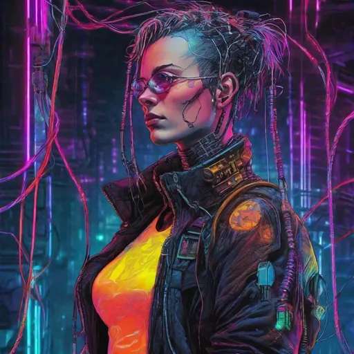 Prompt: Neuromancer character HD Case cyberpunk plugged in to cyberdeck vibrant neon colors androgynous male wires dark future unhinged