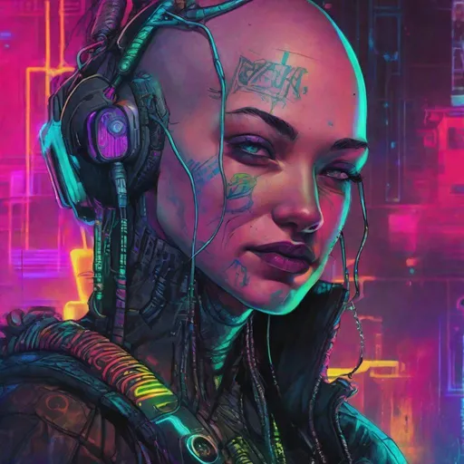 Prompt: Neuromancer character HD Case cyberpunk plugged in to cyberdeck vibrant neon colors androgynous masc bald wires dark future insane grin tattoos