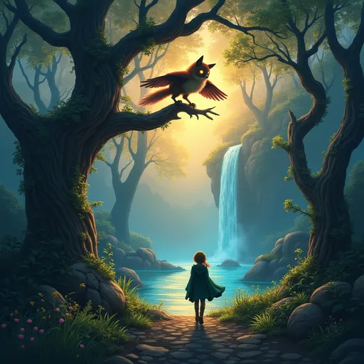 Prompt: Imagine a vast, enchanted forest bathed in the soft, golden glow of twilight. A mysterious creature—part owl, part fox—perches on an ancient tree branch, its wings spread wide, shimmering in the fading light. Its glowing eyes are locked onto a path ahead, where a young adventurer, wearing a cloak of deep green, steps cautiously forward. The forest is alive with bioluminescent plants and the distant sound of whispering leaves. The trees are gnarled and towering, their branches twisting toward the sky as if reaching for something beyond. In the background, a waterfall cascades into a sparkling, crystal-clear pool, the water reflecting the vibrant colors of the twilight sky above.
