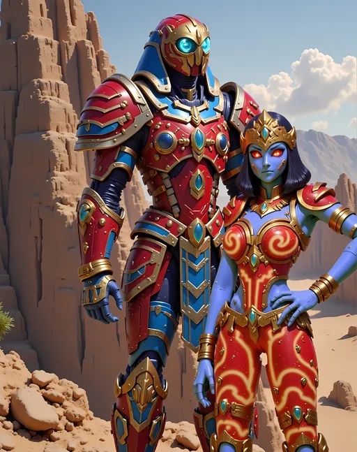 Prompt: (cartoon illustration) male and female warriors, (detailed red high-tech armor), adorned with (intricate gold and silver trim), poised in an epic stance, showcasing strength and valor, (bright colors), dramatic lighting, (dynamic pose) capturing a sense of action, (vibrant background) reminiscent of ancient Egyptian landscapes, (ultra-detailed), suitable for high-resolution display. Metal High tech hawk helmet. Cartoon