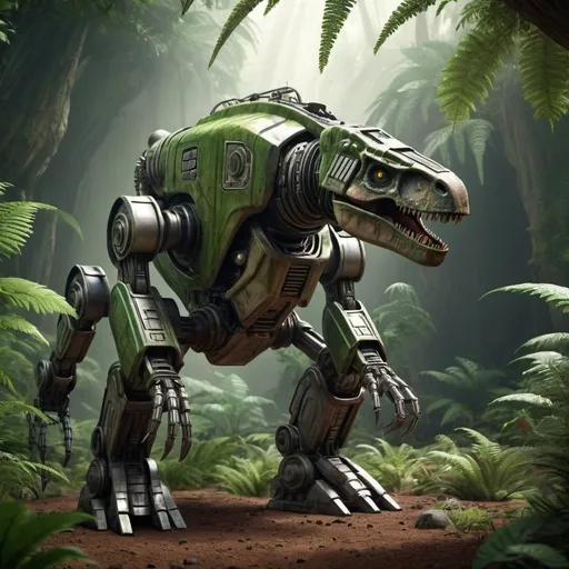 Prompt: Iron robot with star wars features exploring Jurassic era for new energy source, 3D rendering, lush prehistoric flora, realistic dinosaur fauna, high quality, realistic, sci-fi, prehistoric, detailed metal textures, futuristic technology, lush green tones, natural lighting, dynamic composition