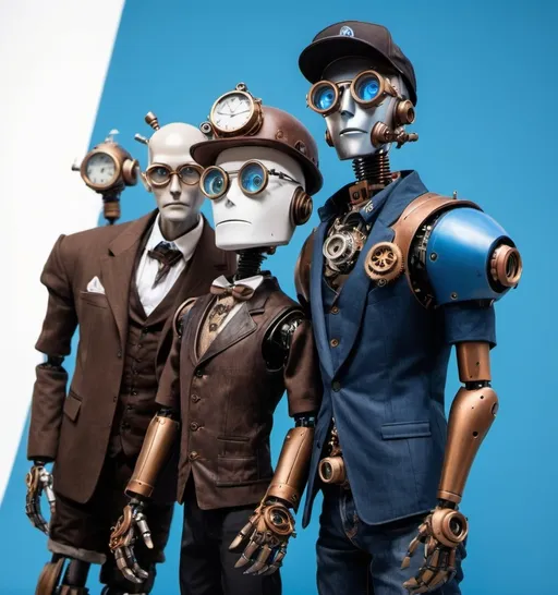 Prompt: three male robots standing together, steampunk in style with blue and white accents.  One robot is shorter than the others, one robot with an anglo look and wearing a baseball cap, and one robot older looking, with a short beard and wearing eyeglasses.  