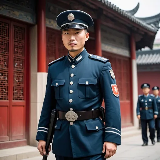 Prompt: a handsome chinese policeman in tunic and wearing the long boots and peaked hat