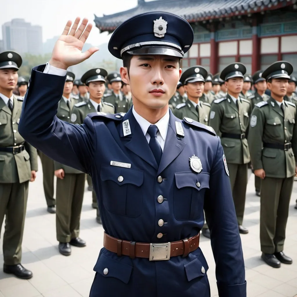 Prompt: A handsome seoul south korean police surrenedered to a chinese army soldier with hands up in the year of 1950.