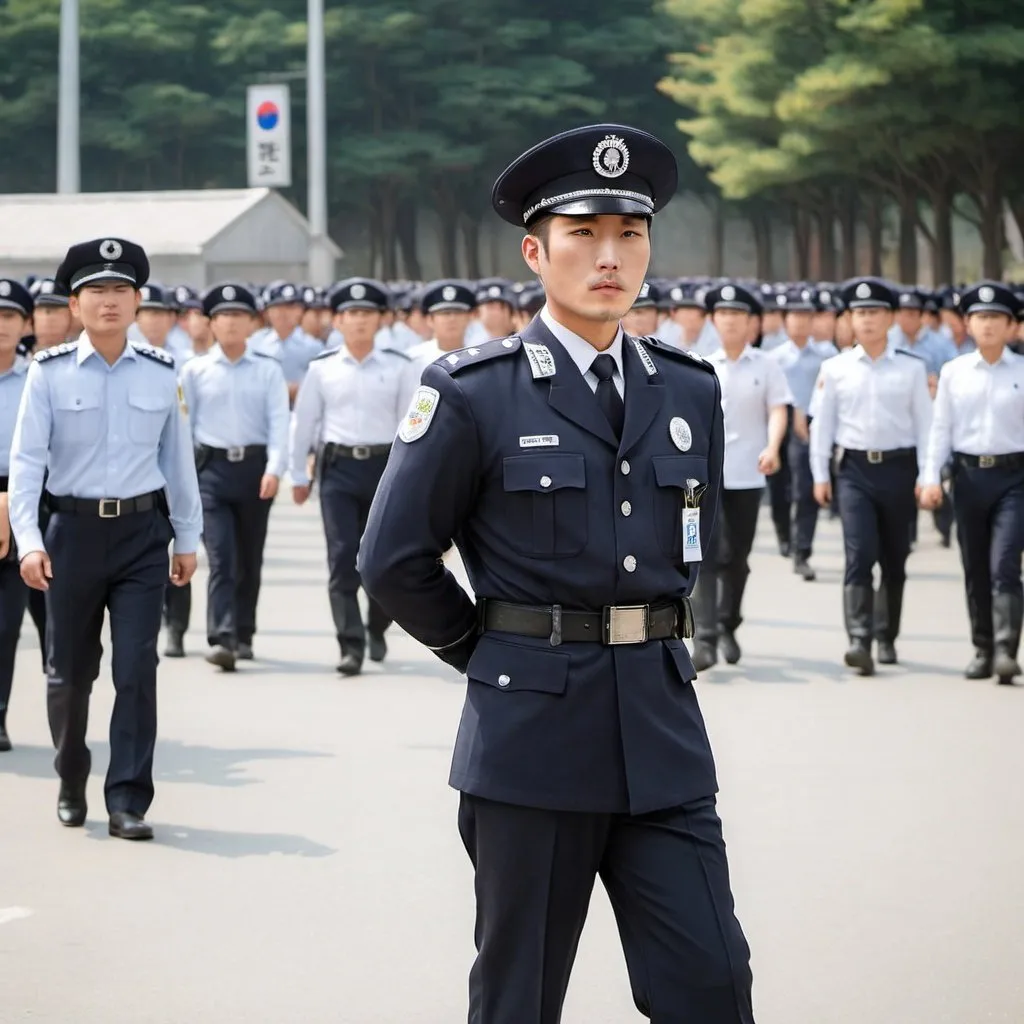 Prompt: a handsome south korea policeman in police tunic and wearing a pair of  long boots and a peaked hat