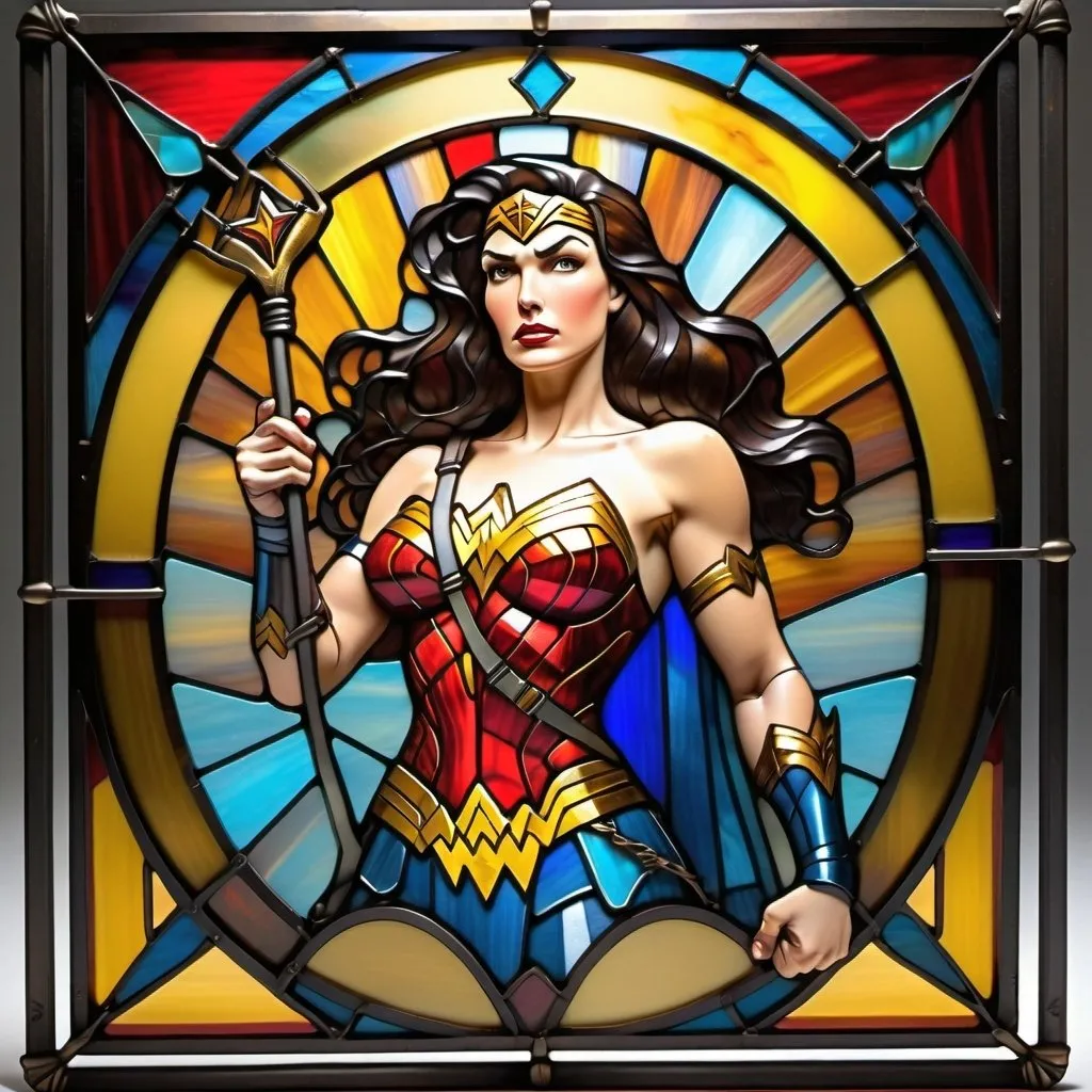 Prompt: colorful imagery in a stylized metal frame, Wonder Woman wielding her golden lariat,