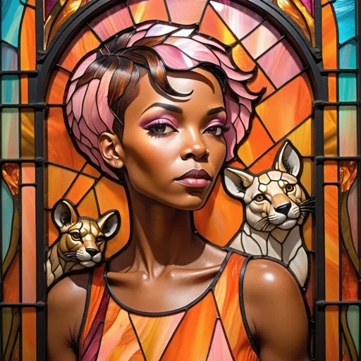Prompt: colorful imagery in a stylized metal frame, African American Woman with short hair partially dyed pink, wearing a sleeveless orange jumpsuit, surrounded by golden animal spirits 