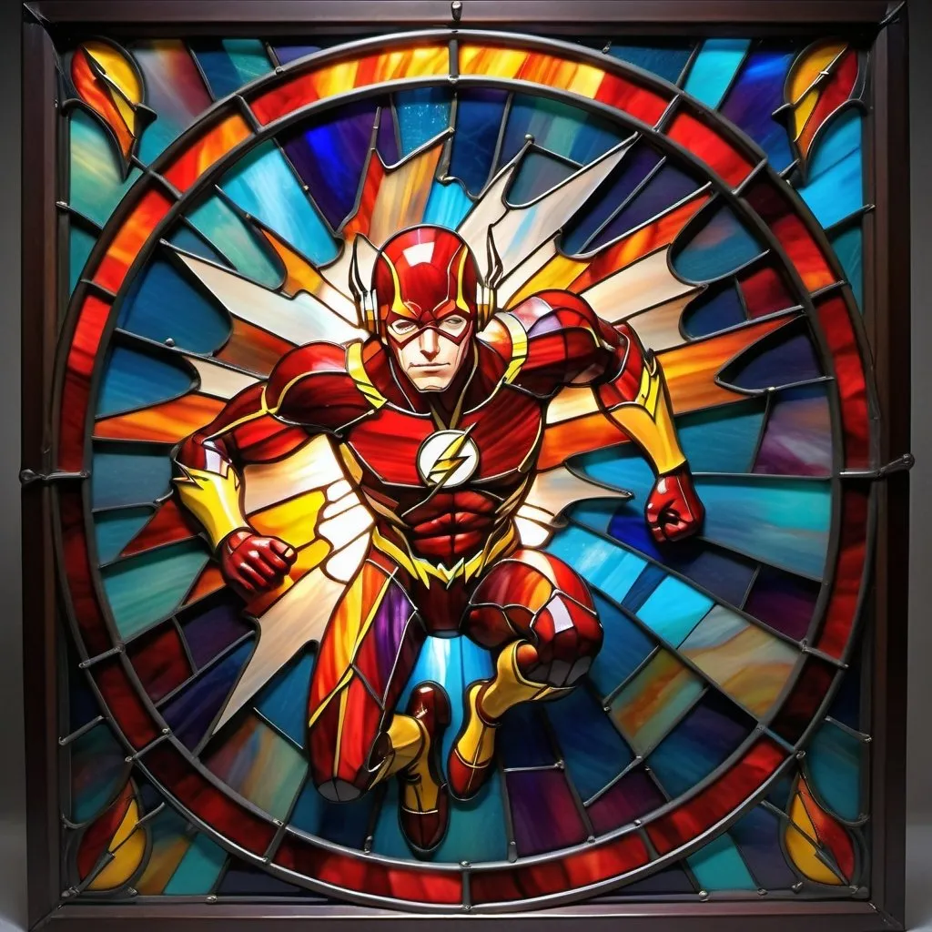 Prompt: colorful imagery in a stylized metal frame, the Flash running amidst bolts of lightning,