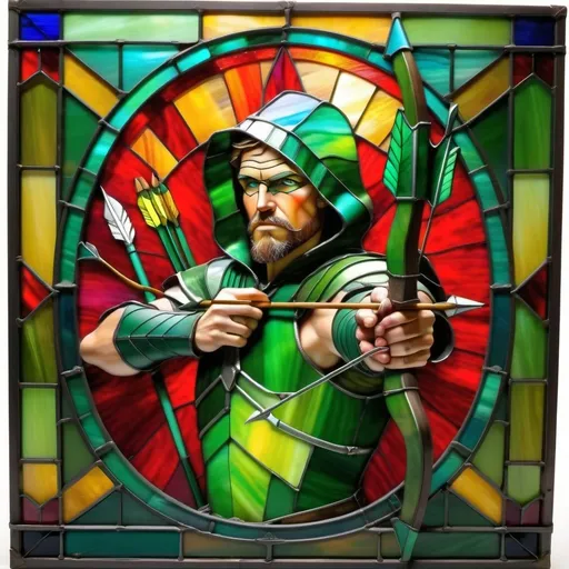 Prompt: colorful imagery in a stylized metal frame, the Green Arrow preparing to fire an arrow from his bow to the right,