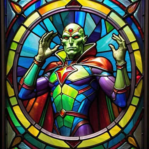 Prompt: colorful imagery in a stylized metal frame, the Martian Manhunter casting telepathic rings into the air,