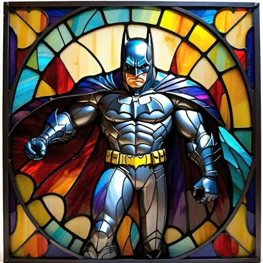 Prompt: colorful imagery in a stylized metal frame, Batman poised to throw his batarang,