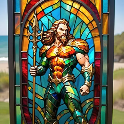 Prompt: colorful imagery in a stylized metal frame, Aquaman raising his golden Trident,