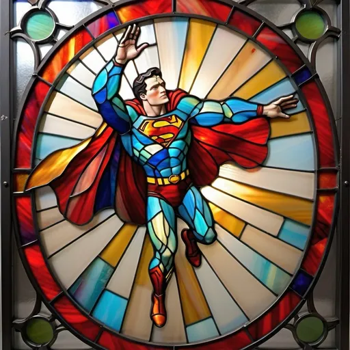 Prompt: colorful imagery in a stylized metal frame, Superman descending feet first from flight,