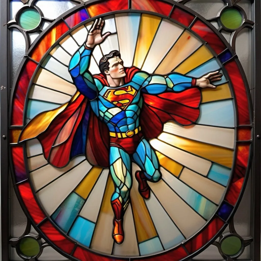 Prompt: colorful imagery in a stylized metal frame, Superman descending feet first from flight,