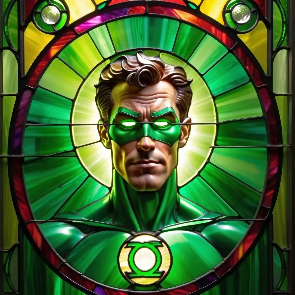 Prompt: colorful imagery in a stylized metal frame, The Green Lantern casting rays of Green light from his ring,