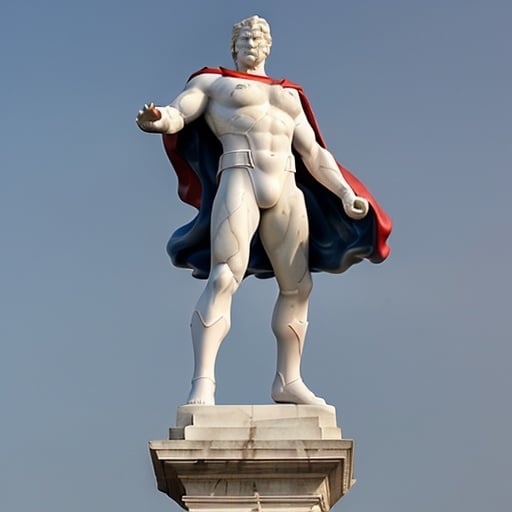 Prompt: <mymodel> large white Marble statue of Superman descending in a heroic pose with his cape billowing behind him, in a public park with lots of out of focus people