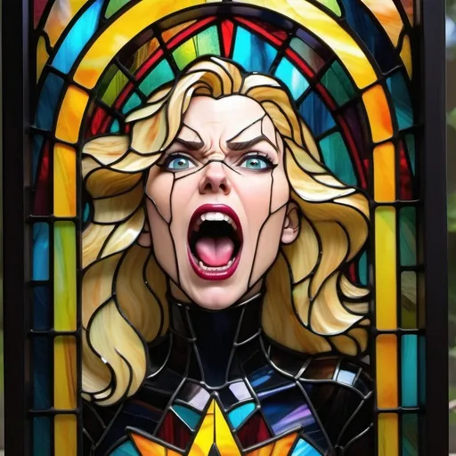 Prompt: colorful imagery in a stylized metal frame, Black Canary screaming and cracking the glass,