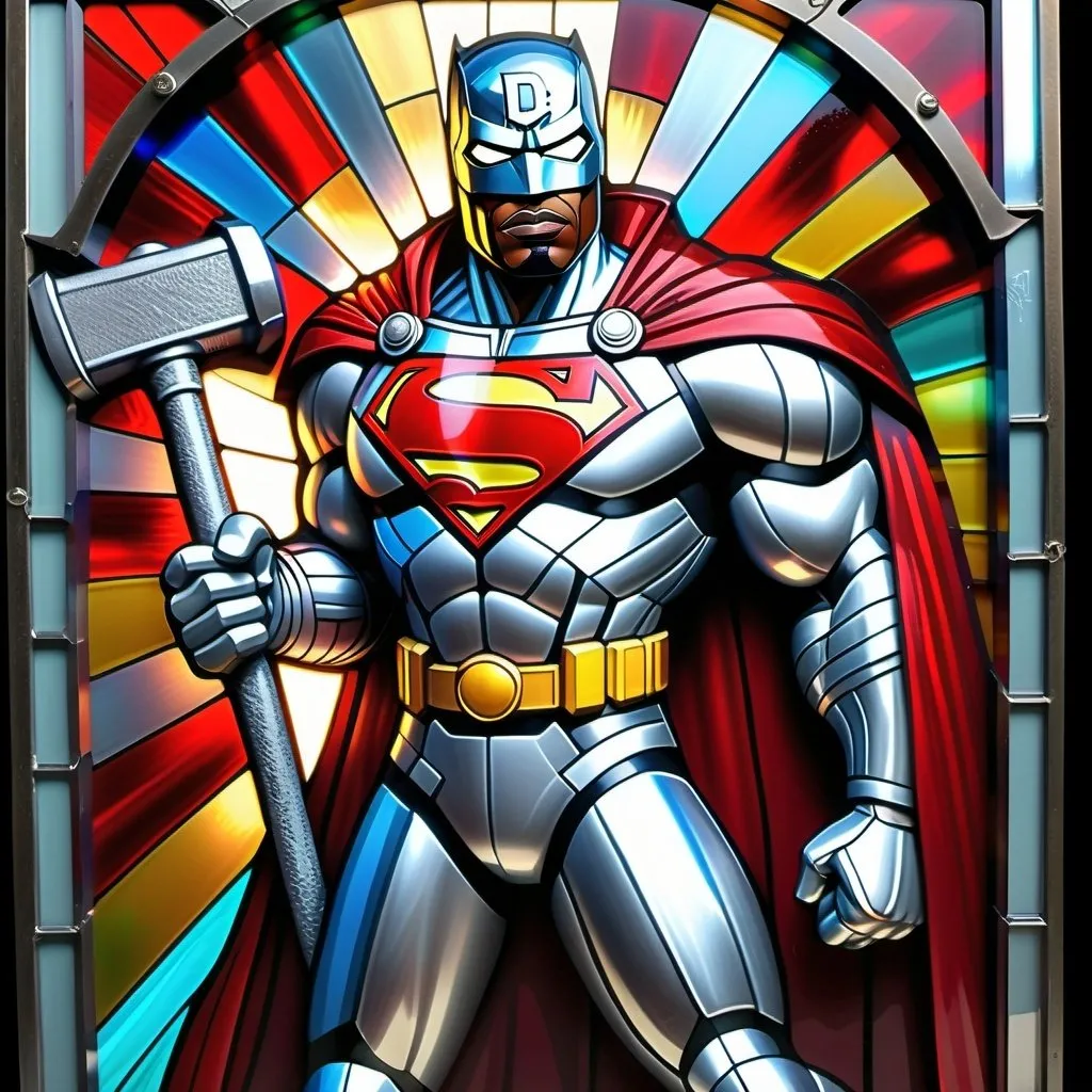 Prompt: colorful imagery in a stylized metal frame, DC Comics superhero Steel holding giant metal sledge hammer, gray metallic armor, long red cape, glowing white eyes, full metal mask with African American features,