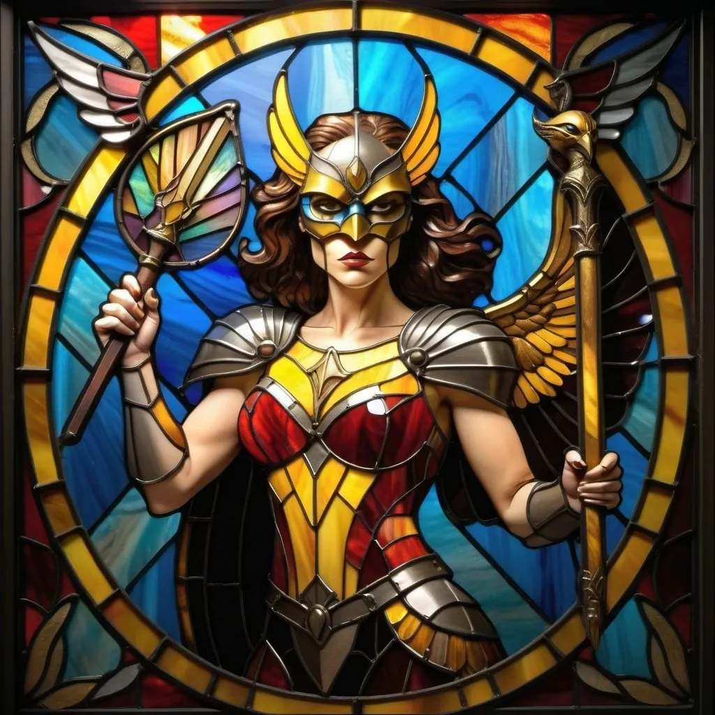 Prompt: colorful imagery in a stylized metal frame, Hawkwoman with her black-and-gold avian mask raising her mace, her wings spread wide,