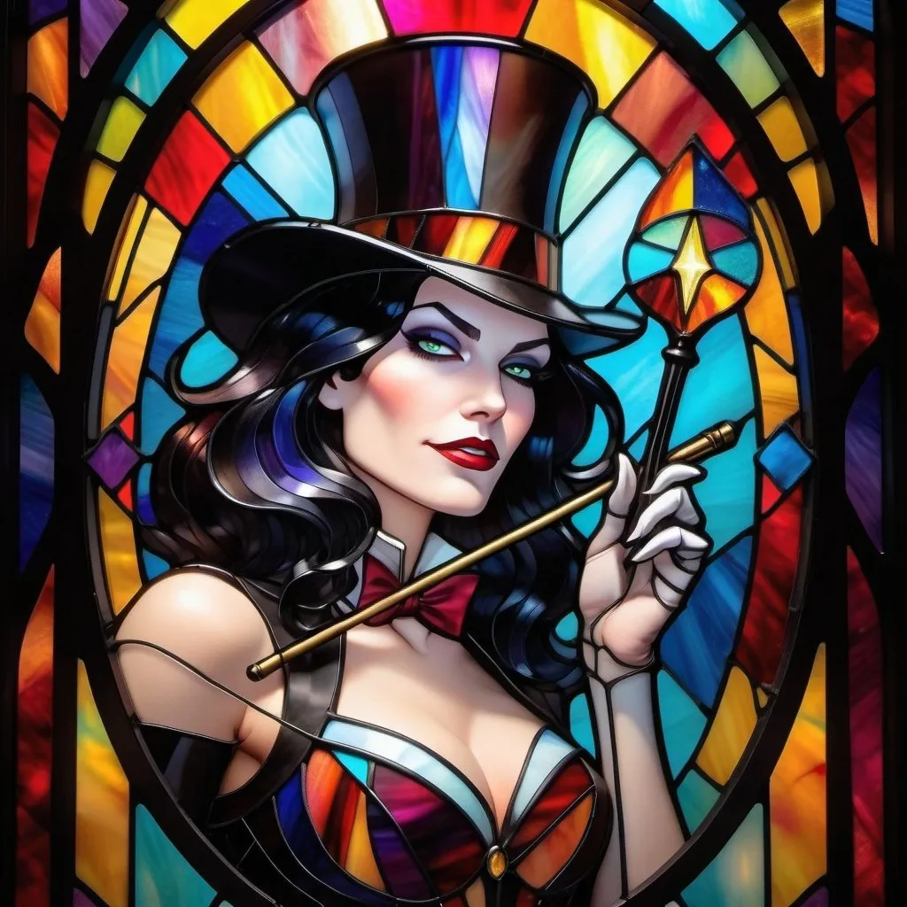 Prompt: colorful imagery in a stylized metal frame, Zatanna Zatarra using her wand to pull magic from her top hat