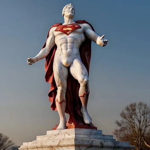 Prompt: <mymodel> large white Marble statue of Superman descending in a heroic pose with his cape billowing behind him, hyper detailed, heroic facial features, symbol on chest, in a public park with lots of out of focus people