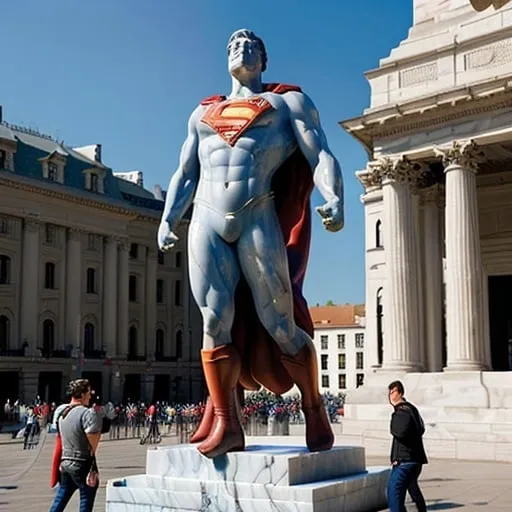 Prompt: <mymodel> large Marble statue of Superman descending in a heroic pose with his cape billowing behind him, in a public square with lots of out of focus people