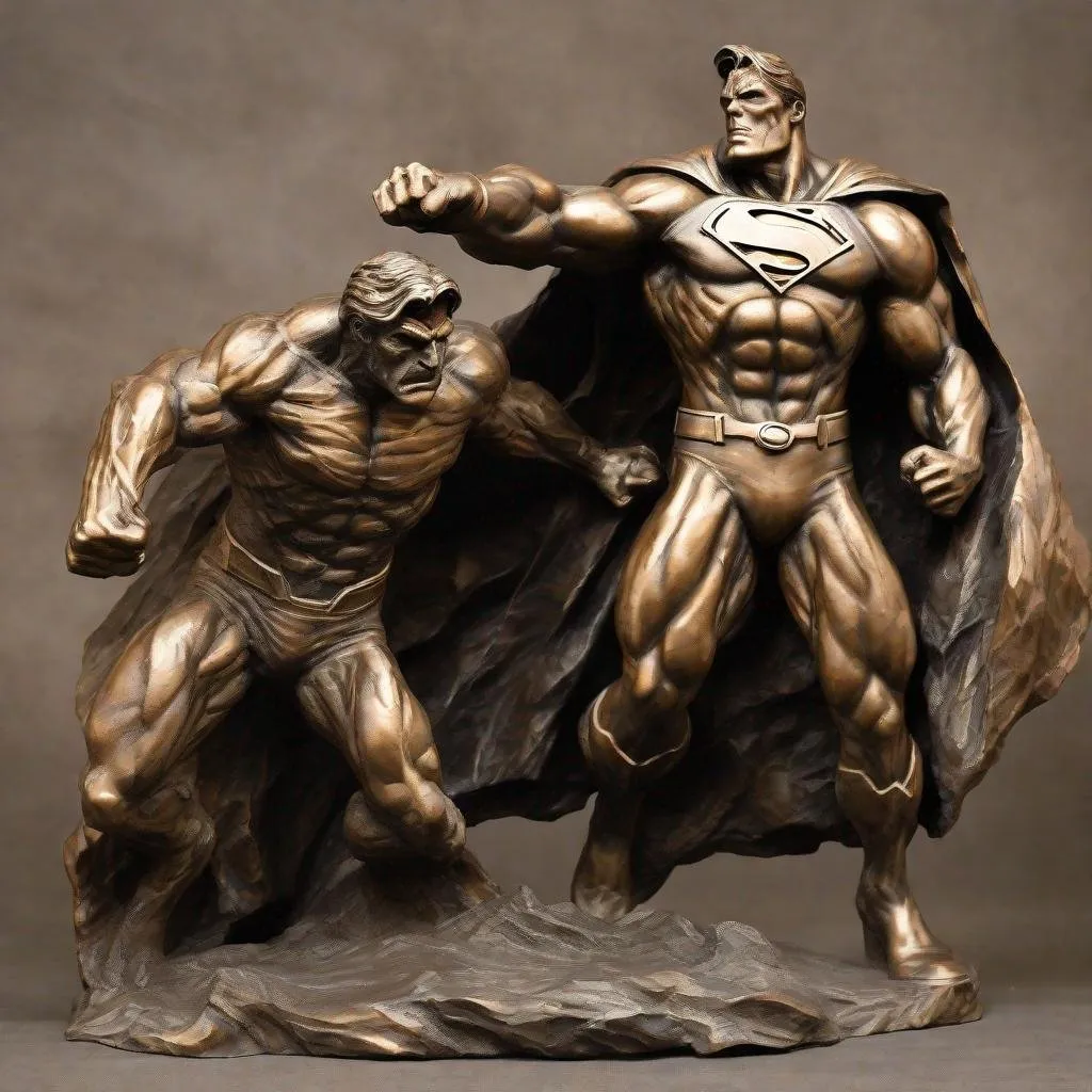 Prompt: Rodin style, full body, realistic, expressive, textured, bronze, Superman fighting Darkseid