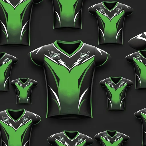 Prompt: Create a jersey in black and green thunder pattern 