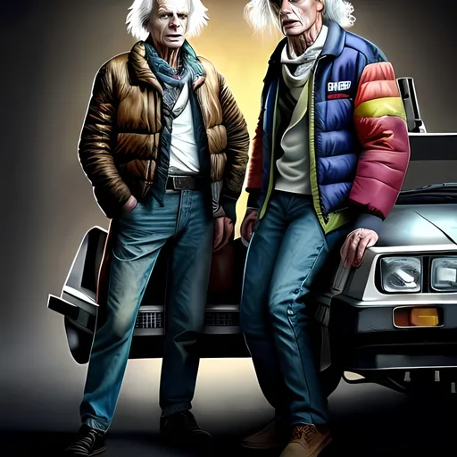 Prompt: Old Marty McFly and young Doc Brown in a modern-retro fusion, oil painting, detailed expressions, highres, vintage-modern blend, traditional-meets-futuristic, vibrant colors, dynamic lighting, aged Marty, young Doc, time-travel, iconic DeLorean, traditional-modern fusion, timeless masterpiece, artistic oil painting, dynamic poses, intricate details, professional quality