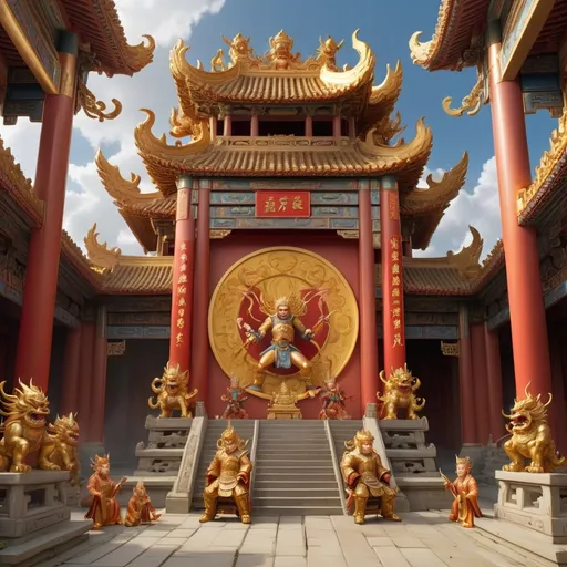 Prompt: Illustrate the celestial kingdom's throne room with gods and goddesses watching Sun Wukong's battle, set against a backdrop of traditional Chinese architecture, with intricate carvings and golden ornaments, surrounded by a halo of divine energy.