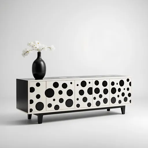 Prompt: Black media console, (Yayoi Kusama inspired) white bone inlay polka dot pattern, modern design, sleek lines, high contrast, artistic flair, stylish and minimalist, sophisticated aesthetic, warm ambiance, refined elegance, ultra-detailed, striking visuals, captivating texture, visually engaging composition, 4K quality, with clean white background