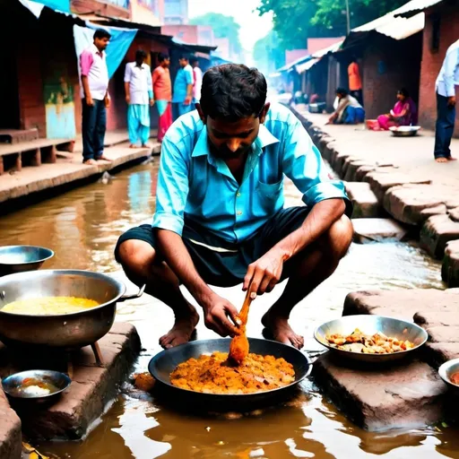 Prompt: an indian man cooking on the street using his feet to crush the food next to a dirty river