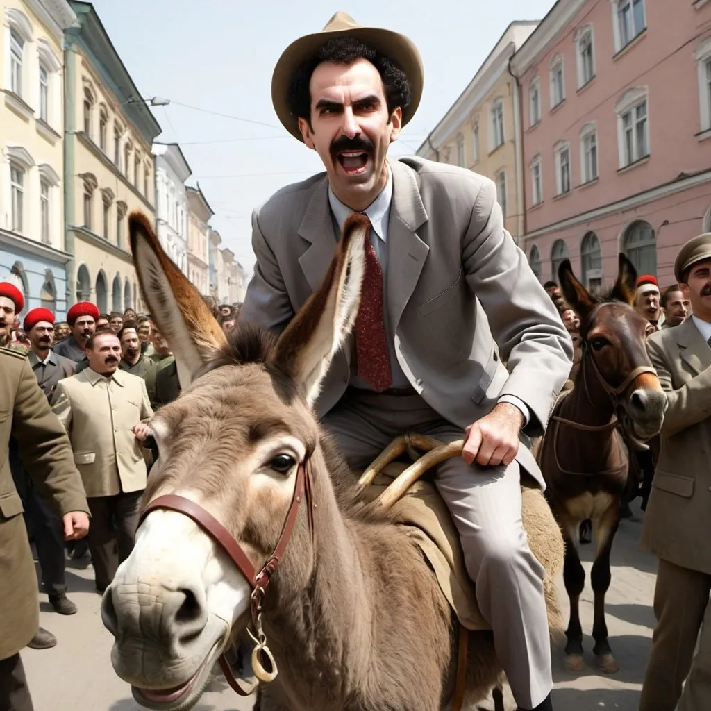 Prompt: borat riding a donkey at the russian revolution hyperealistic 