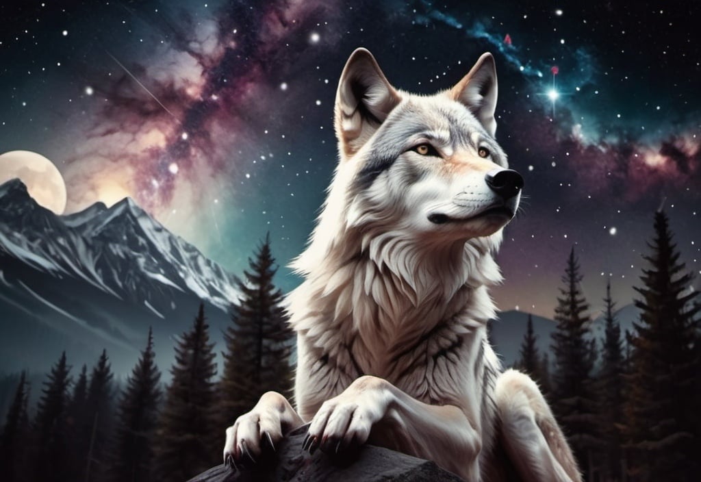 Prompt: recreate the image in the same style keeping the wolf and foreground but adding a galaxy in the background