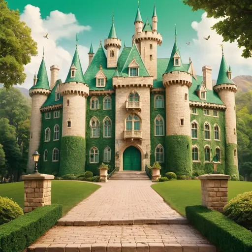 Prompt: A romantic comedy movie poster, Prep/borading school that looks like a castle, the colors are green, gold, and white.