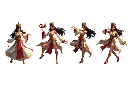Prompt: fantasy digital painting regal female warrior 8434a68b with long black hair, ornate gold crown, gold jewelry, white and red robe, small dragon Multiple instances of the same character in different poses on a white background. The character is shown: Dancing: mid-dance move, arms and legs in rhythmic motion, joyful expression. Making a heart shape: hands forming a heart shape in front of the chest, warm smile. Kicking: one leg extended in a kicking motion, arms for balance, determined look. Walking: mid-stride, one foot in front of the other, natural arm swing, casual pose. Background: Clean white background, providing a pristine backdrop. Ample space between poses. Character design consistent across all poses. Arrange poses in a visually pleasing composition across the image.