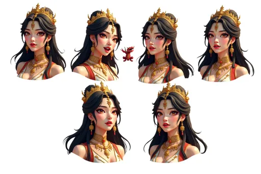 Prompt: fantasy digital painting regal female warrior 8434a68b with long black hair, ornate gold crown, gold jewelry, white and red robe, small dragon A composition featuring six different facial expressions of the character, from shoulders up, arranged in a grid pattern on a white background. The expressions include: Laughing: Wide smile, eyes crinkled, exuberant joy. Crying: Tears streaming, furrowed brows, open mouth. Angry: Furrowed brows, clenched teeth, intense gaze. Shy: Slight blush, eyes averted, small smile. Surprised: Raised eyebrows, wide eyes, open mouth. Scared: Wide eyes, open mouth, tense facial muscles. Character details remain consistent across all expressions with shoulders visible to frame the face. Each expression is clear and easily recognizable against the clean white background.