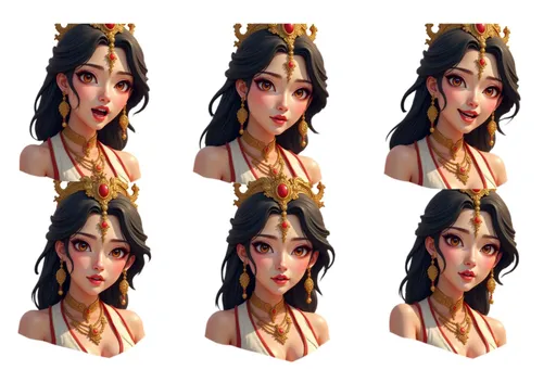 Prompt: fantasy digital painting regal female warrior 8434a68b with long black hair, ornate gold crown, gold jewelry, white and red robe, small dragon A composition featuring six different facial expressions of the character, from shoulders up, arranged in a grid pattern on a white background. The expressions include: Laughing: Wide smile, eyes crinkled, exuberant joy. Crying: Tears streaming, furrowed brows, open mouth. Angry: Furrowed brows, clenched teeth, intense gaze. Shy: Slight blush, eyes averted, small smile. Surprised: Raised eyebrows, wide eyes, open mouth. Scared: Wide eyes, open mouth, tense facial muscles. Character details remain consistent across all expressions with shoulders visible to frame the face. Each expression is clear and easily recognizable against the clean white background.