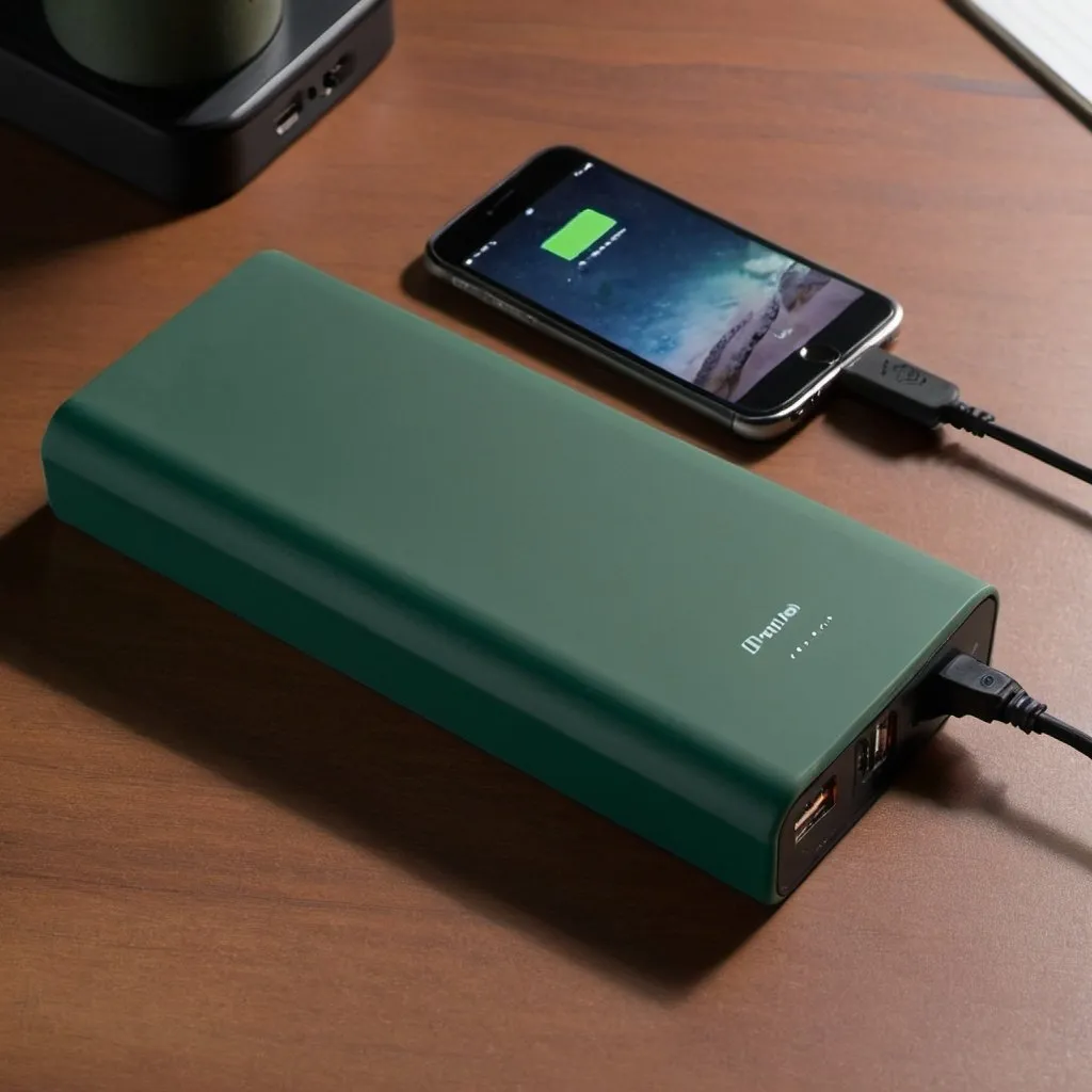 Prompt: Dark green powerbank on a desk